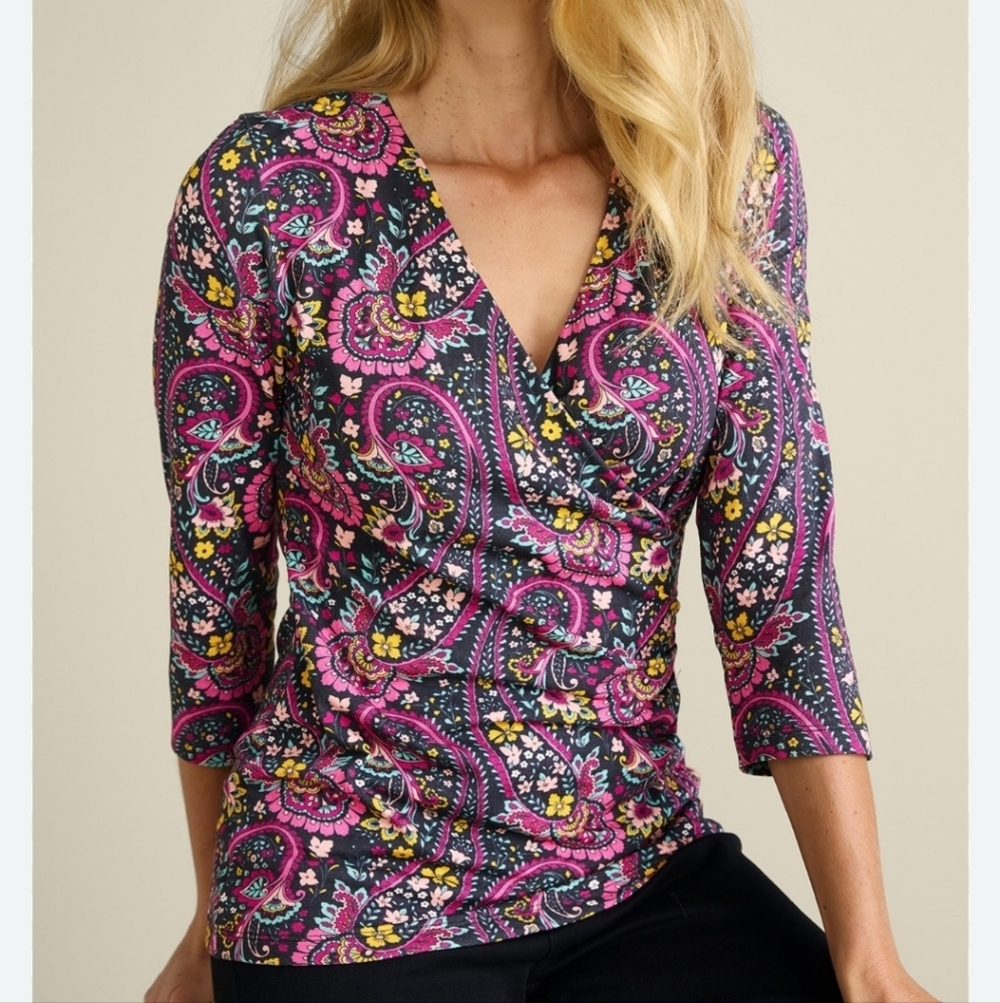 Soft Surroundings Alyssa Paisley Garden Faux Wrap Ruched Blouse sz XS Black